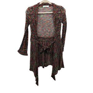 Karli Womens Cardigan Sz M/L Waterfall Open Knit Rainbow Peplum Boho Festival